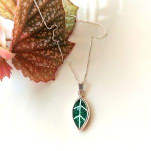 Sterling Silver Olive Leaf Micro Mosaic Pendant – Handcrafted with Malachite Stone