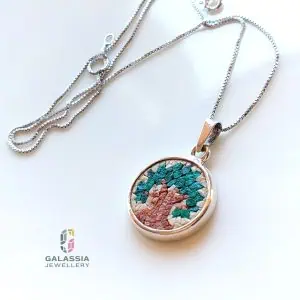 Olive Tree Micro Mosaic Necklace in Green Handmade Sterling Silver